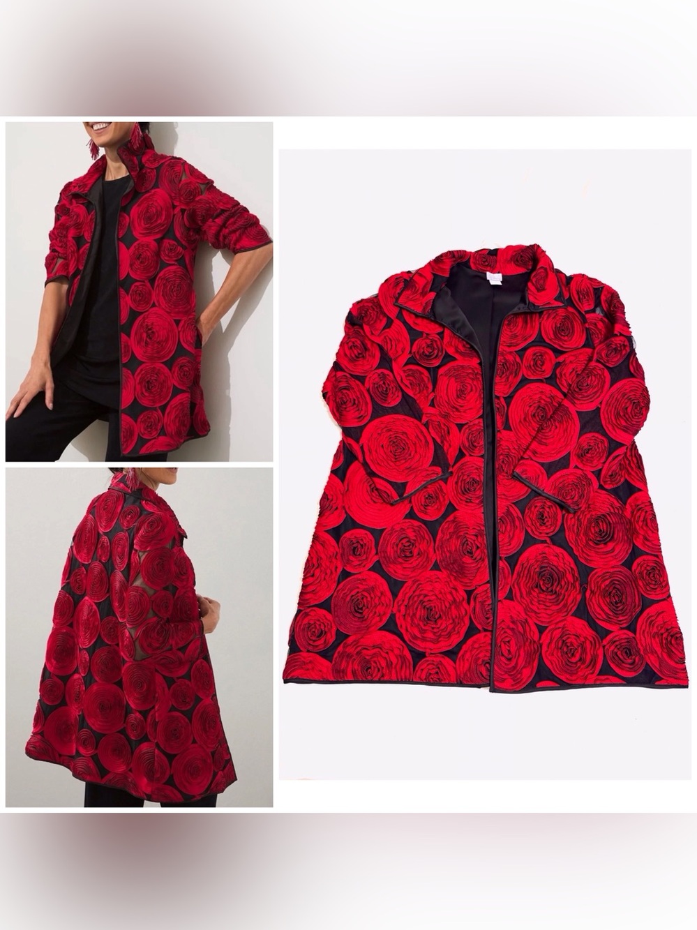 CHICO'S TRAVELERS RED ROSE SOUTACHE STRIP JACKET BLAZER Ribbon Strip Roses 12 14